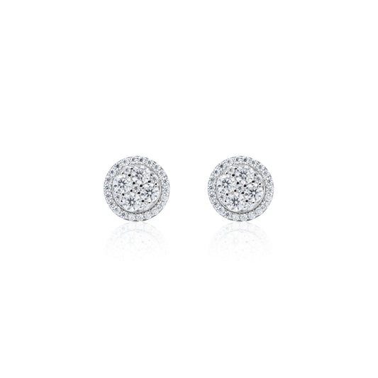 9mm round moissanite cluster earrings with double halo design in sterling silver, sparkling studs.
