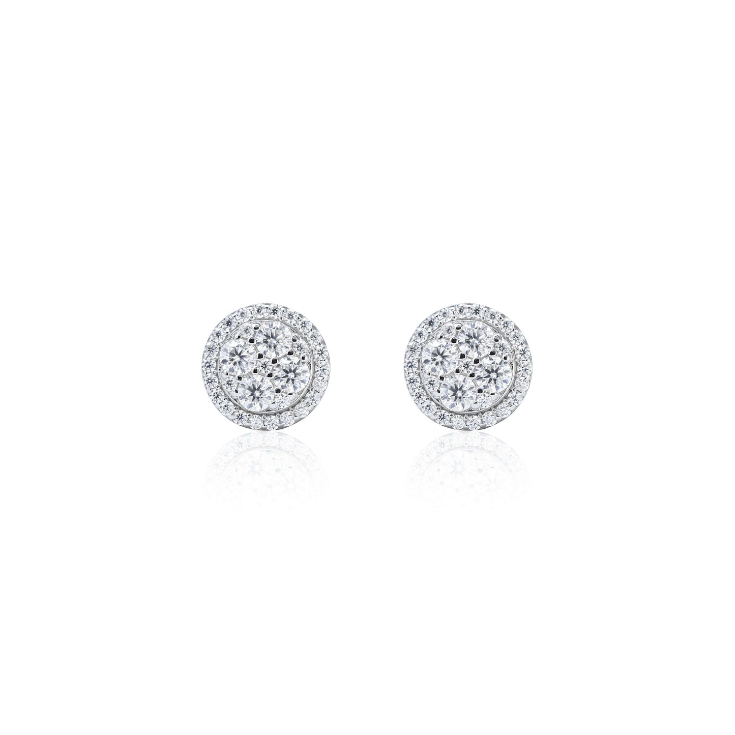 9mm round moissanite cluster earrings with double halo design in sterling silver, sparkling studs.