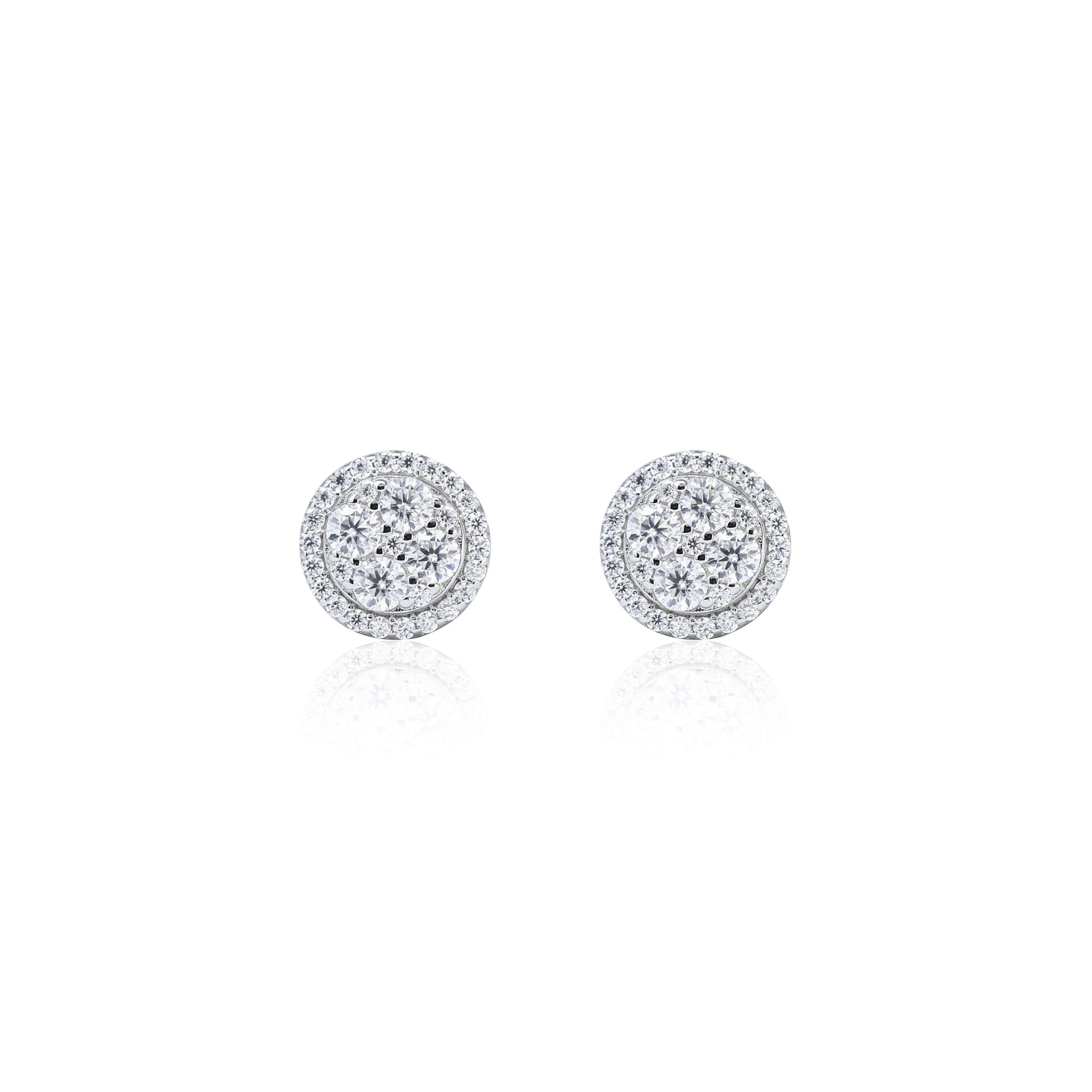 9mm round moissanite cluster earrings with double halo design in sterling silver, sparkling studs.