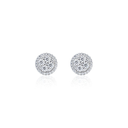 9mm round moissanite cluster earrings with double halo design in sterling silver, sparkling studs.