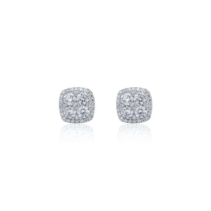 Front view of 9mm square moissanite cluster earrings with 2.31ct stones in sterling silver.