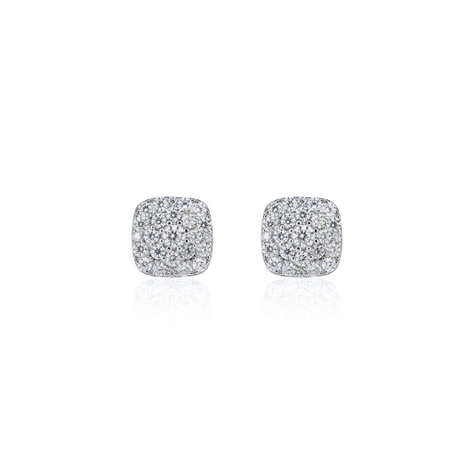 Front view of 9mm square moissanite cluster earrings with 0.98ct stones in sterling silver.