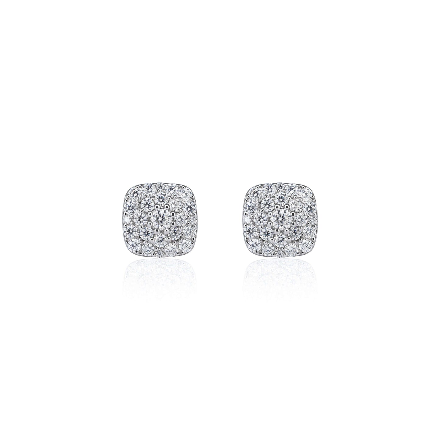 Front view of 9mm square moissanite cluster earrings with 0.98ct stones in sterling silver.