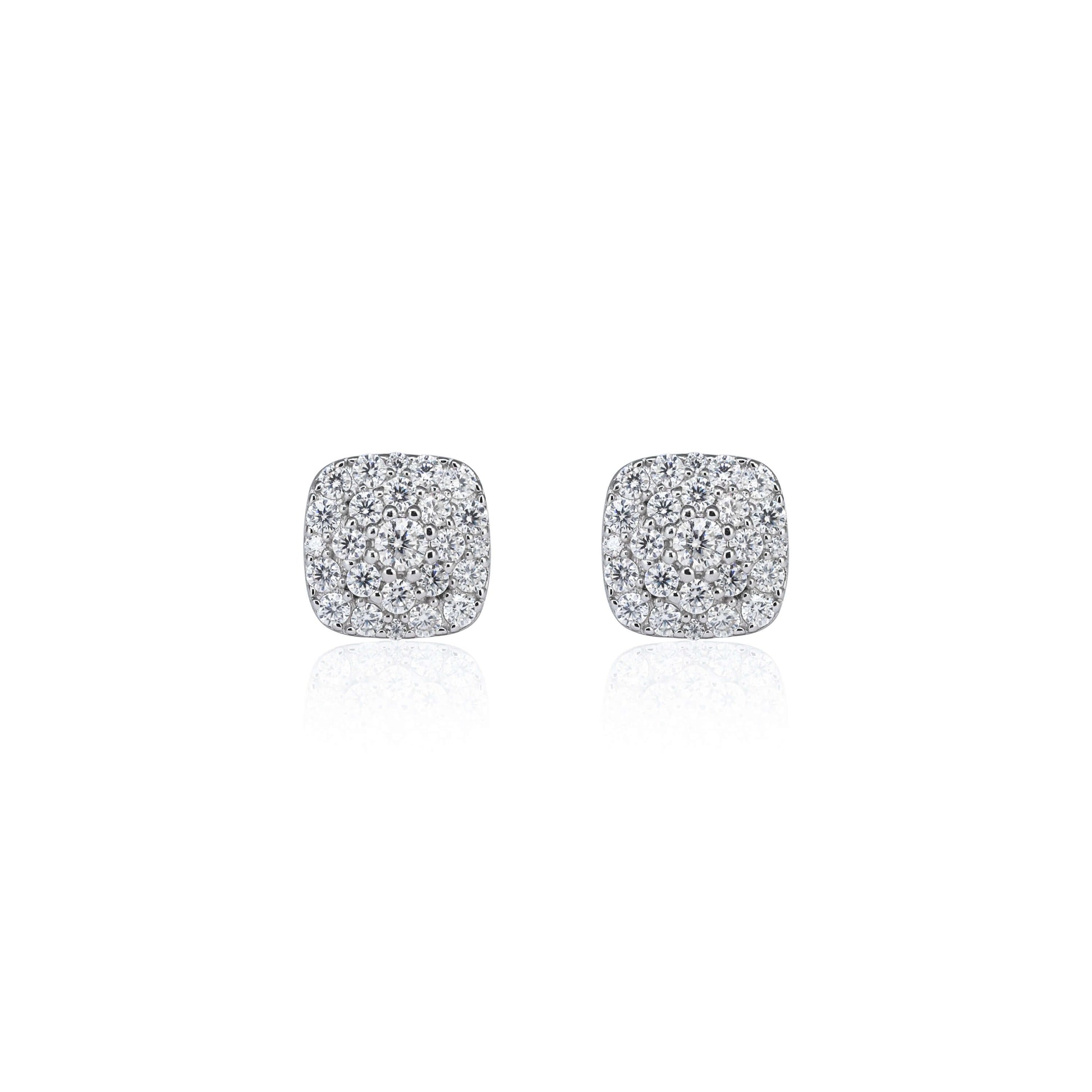 Front view of 9mm square moissanite cluster earrings with 0.98ct stones in sterling silver.