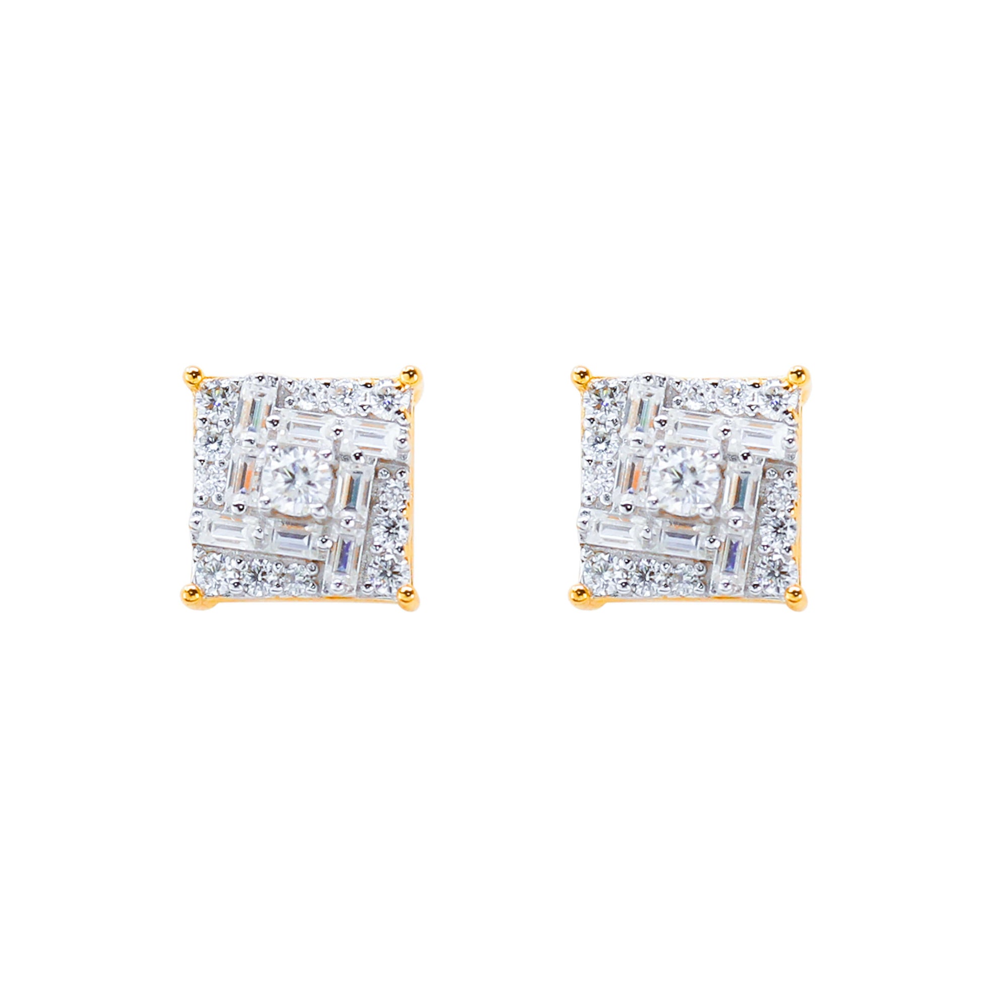 9mm square moissanite cluster earrings with gold prongs and baguette accents on white background.