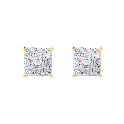 9mm square moissanite cluster earrings with gold prongs and baguette accents on white background.