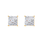 9mm square moissanite cluster earrings with gold prongs and baguette accents on white background.