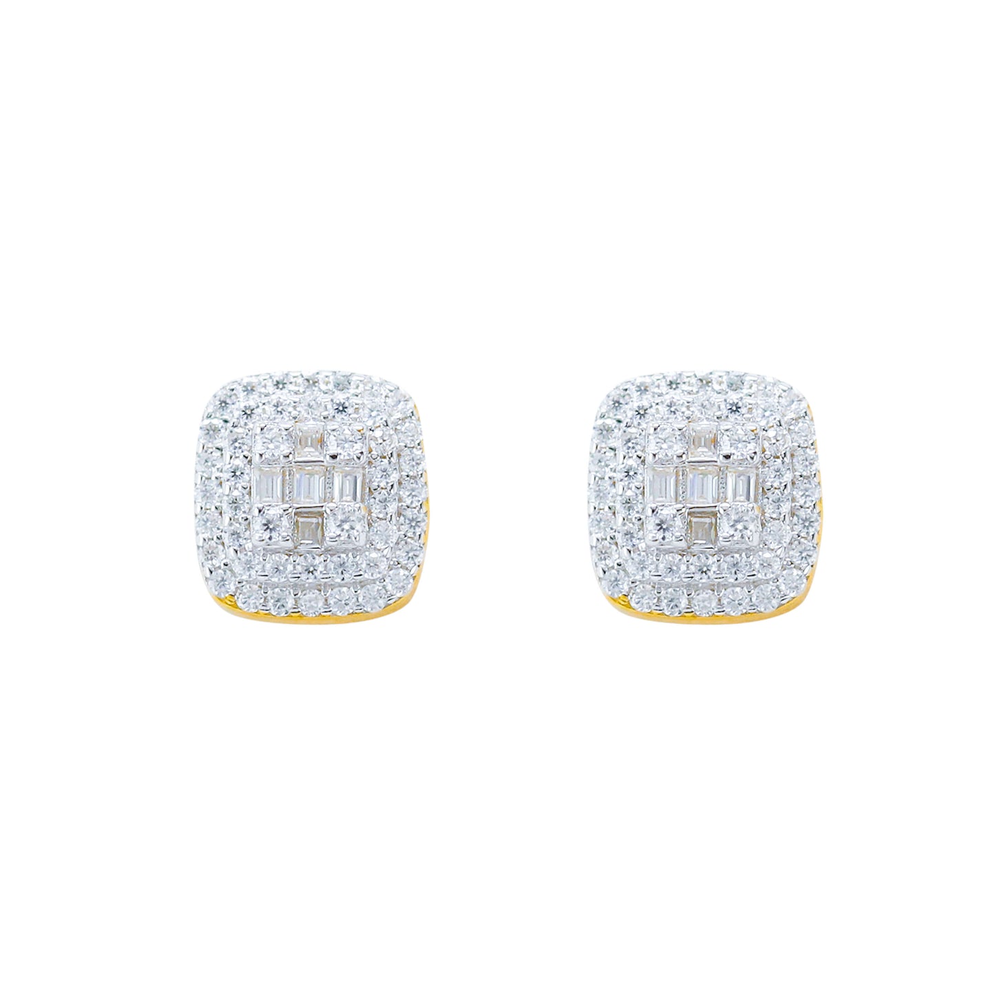 9mm square cluster moissanite earrings in sterling silver with halo design and gold backing.