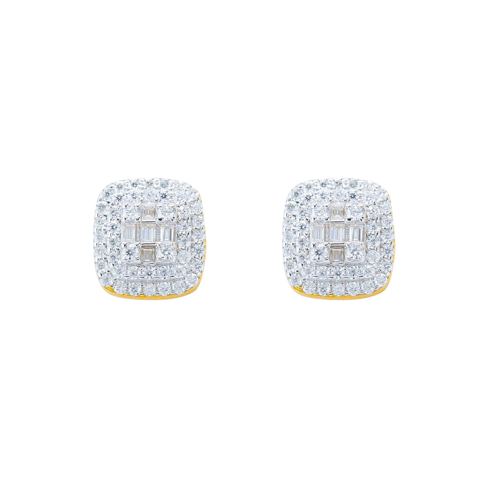 9mm square cluster moissanite earrings in sterling silver with halo design and gold backing.