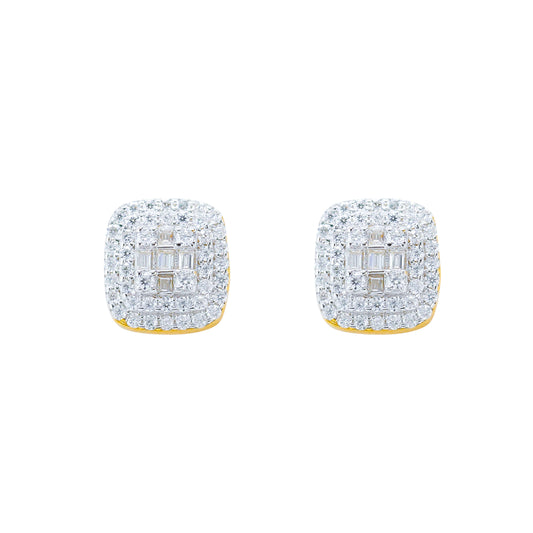 9mm square cluster moissanite earrings in sterling silver with halo design and gold backing.