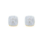 9mm square cluster moissanite earrings in sterling silver with halo design and gold backing.