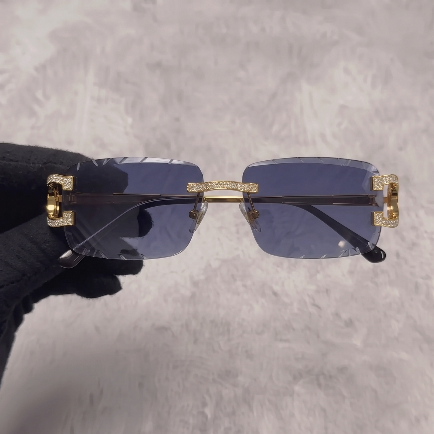 Iced Out 3.23CT Moissanite Rimless Sunglasses in Brass - Blue Lens