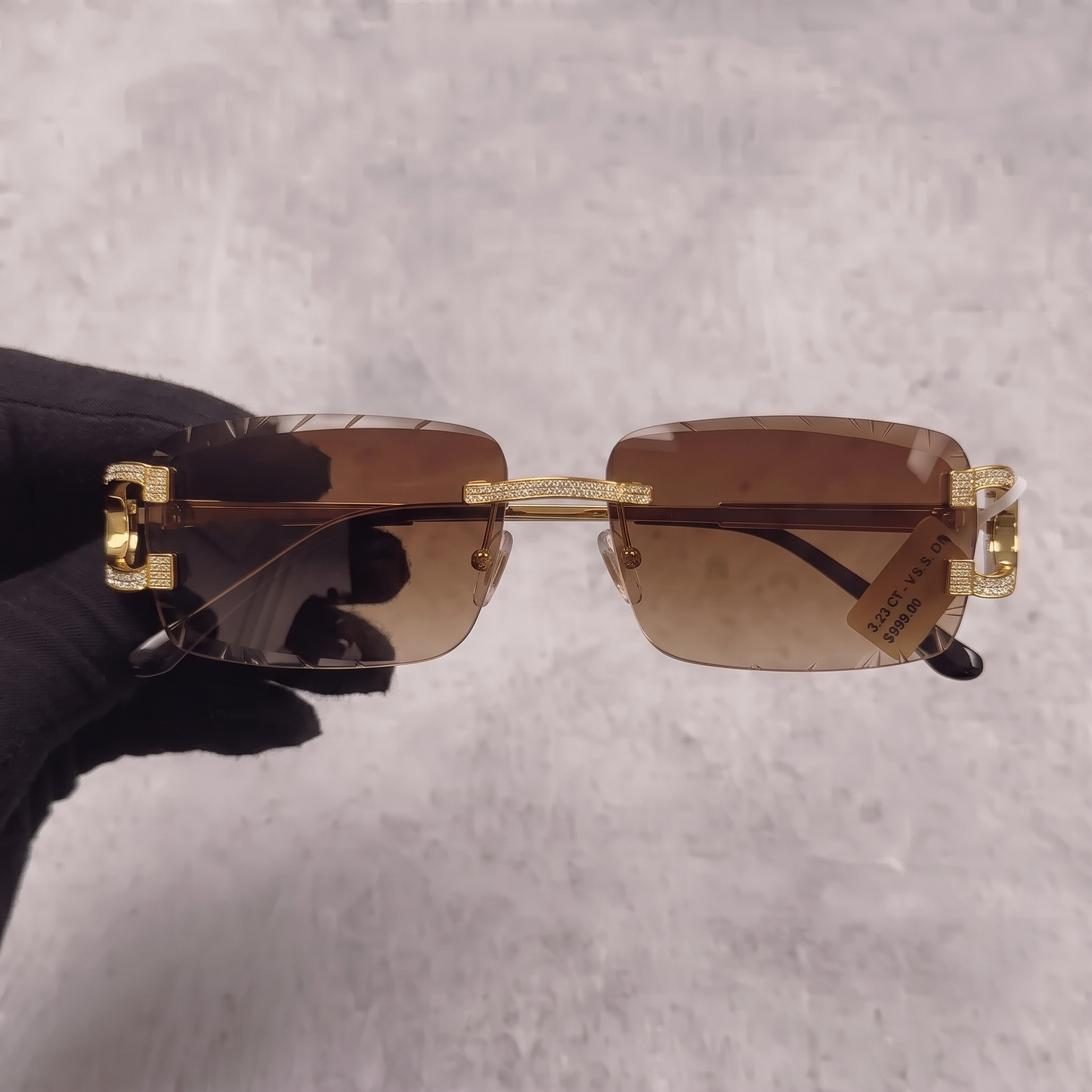 Iced Out 3.23CT Moissanite Rimless Sunglasses in Brass - Brown Lens