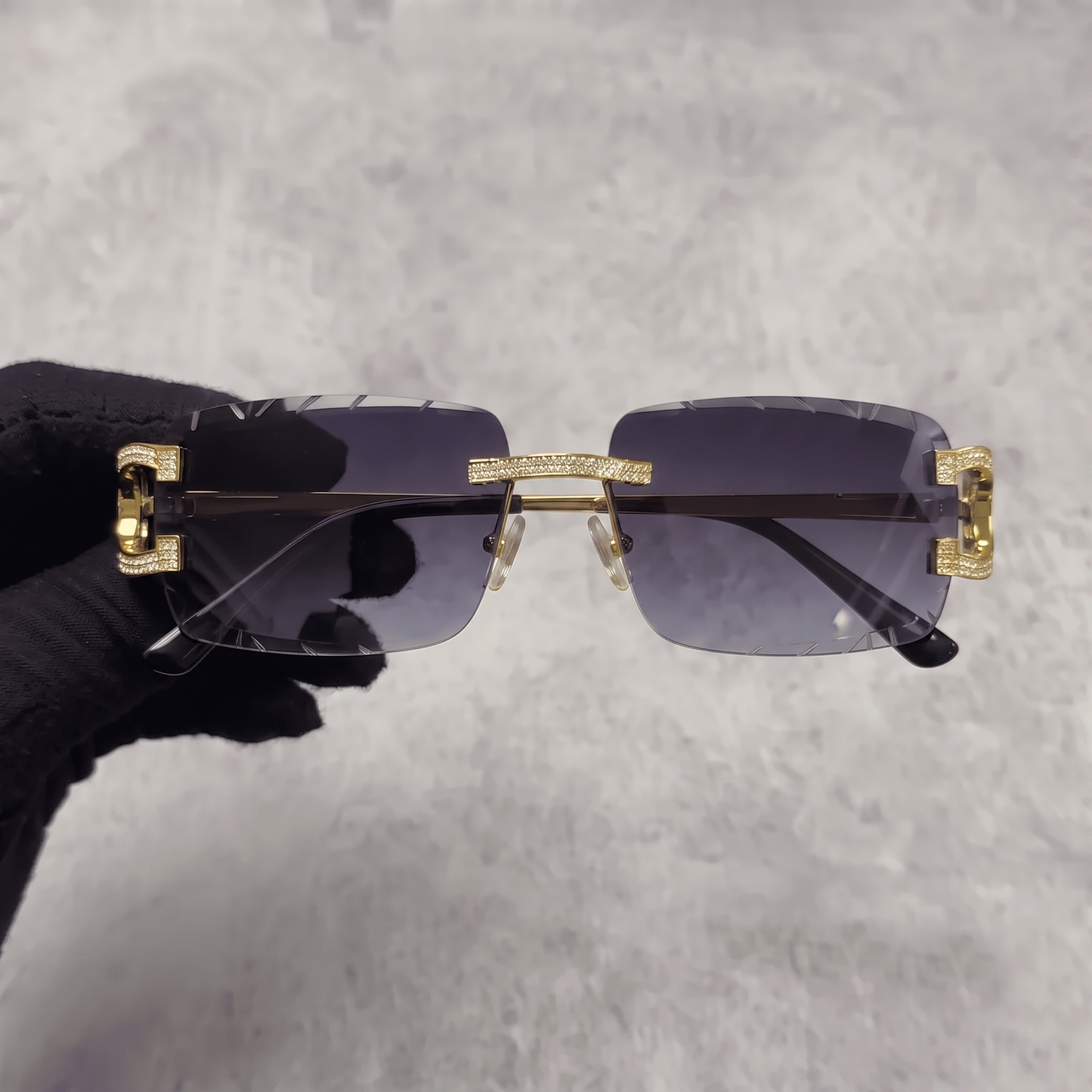 Iced Out 3.23CT Moissanite Rimless Sunglasses in Brass - Smoke Lens
