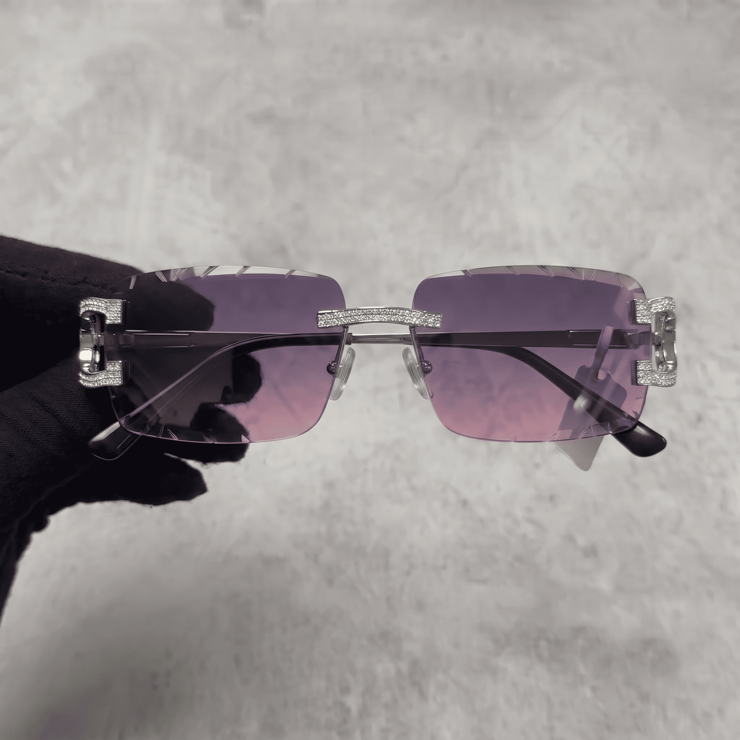 Iced Out 3.23CT Moissanite Rimless Sunglasses in Brass - Pink Lens