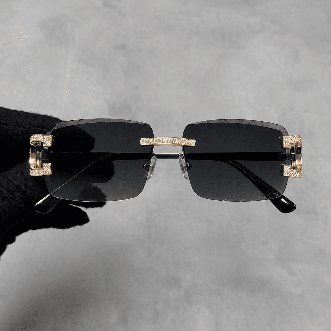 Iced Out 3.23CT Moissanite Rimless Sunglasses in Premium Sterling Silver - Black Lens