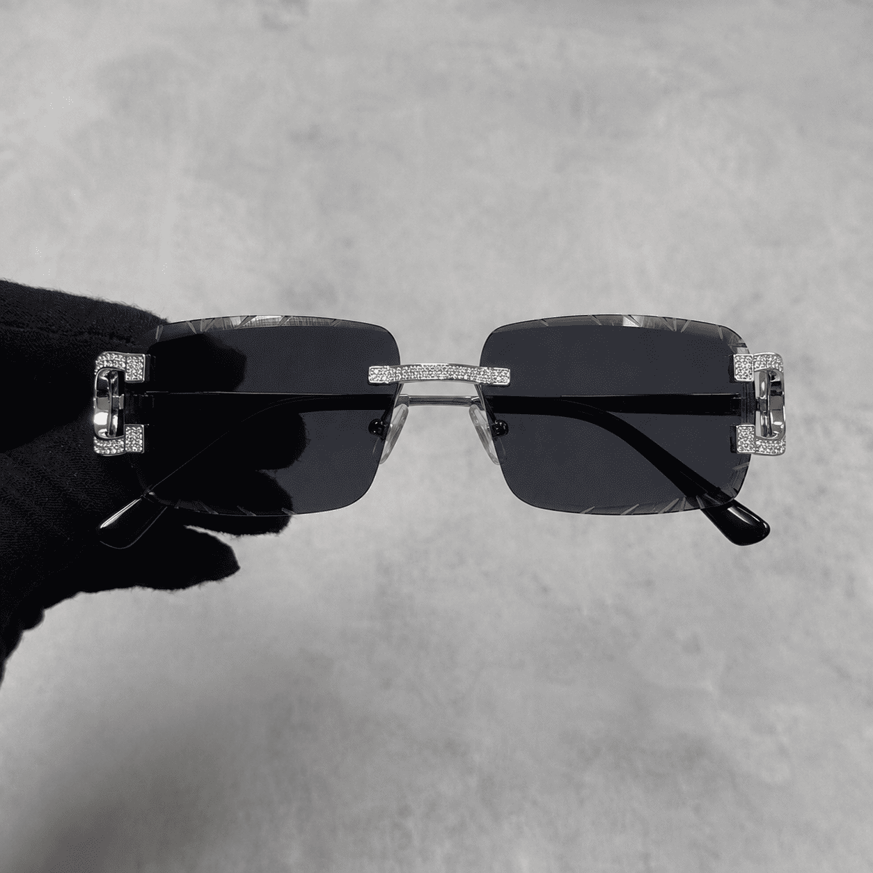 Iced Out 3.23CT Moissanite Rimless Sunglasses in Premium Sterling Silver - Black Lens