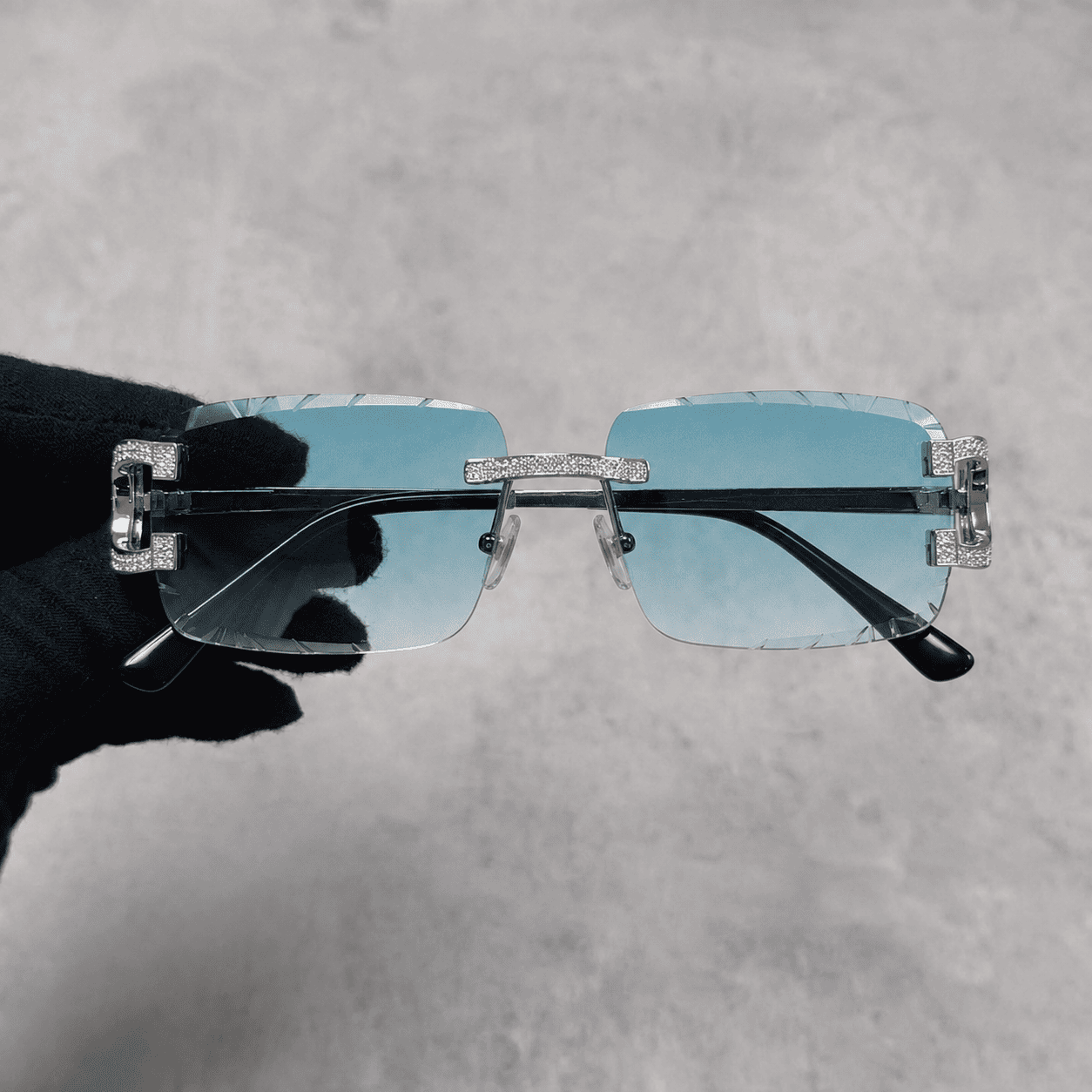 Iced Out 3.23CT Moissanite Rimless Sunglasses in Premium Sterling Silver - Green Lens