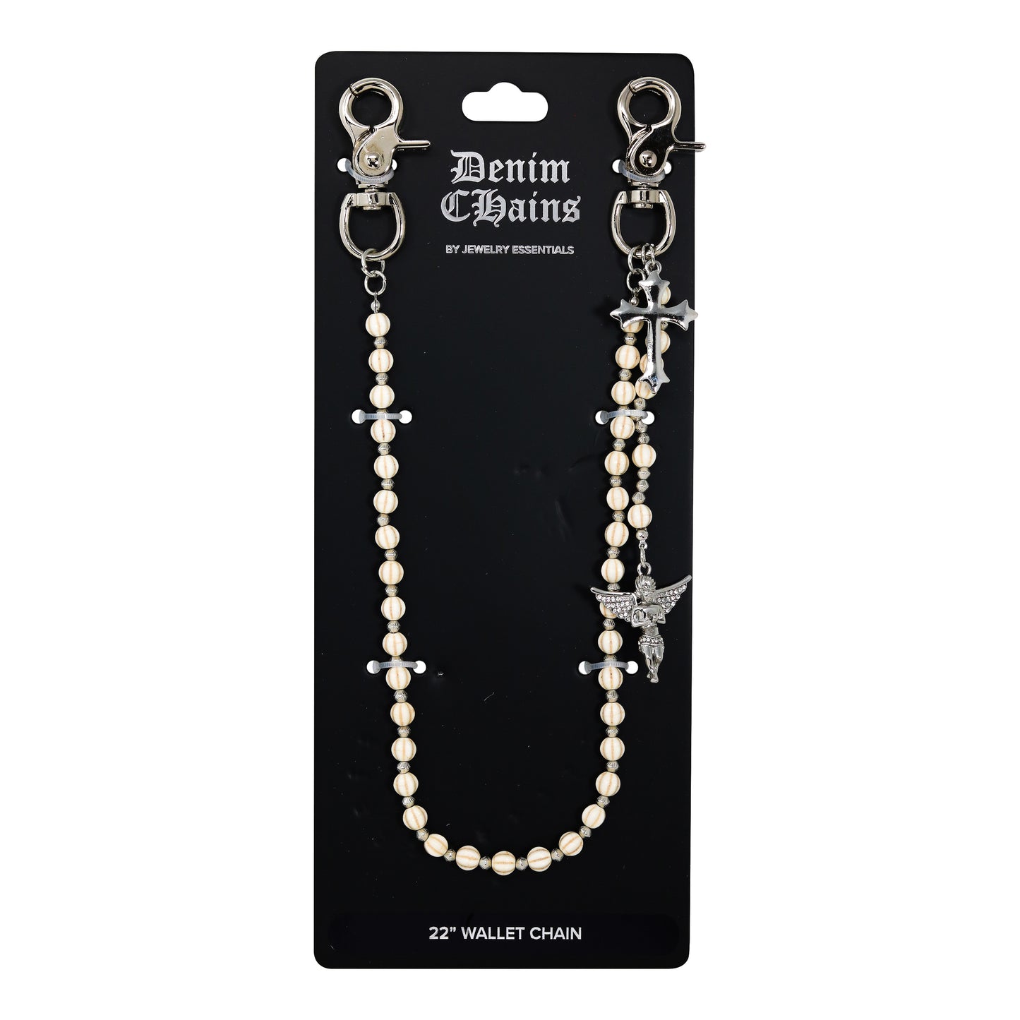 Denim Chains wallet chain on a black card with product details.