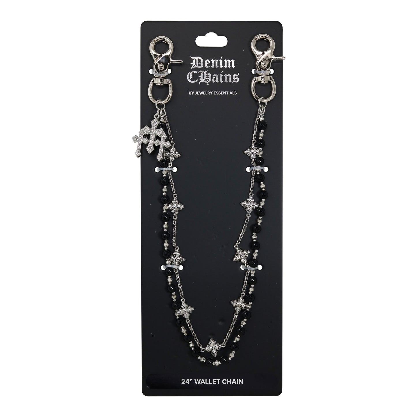 Denim Chains wallet chain on a black card with brand name.