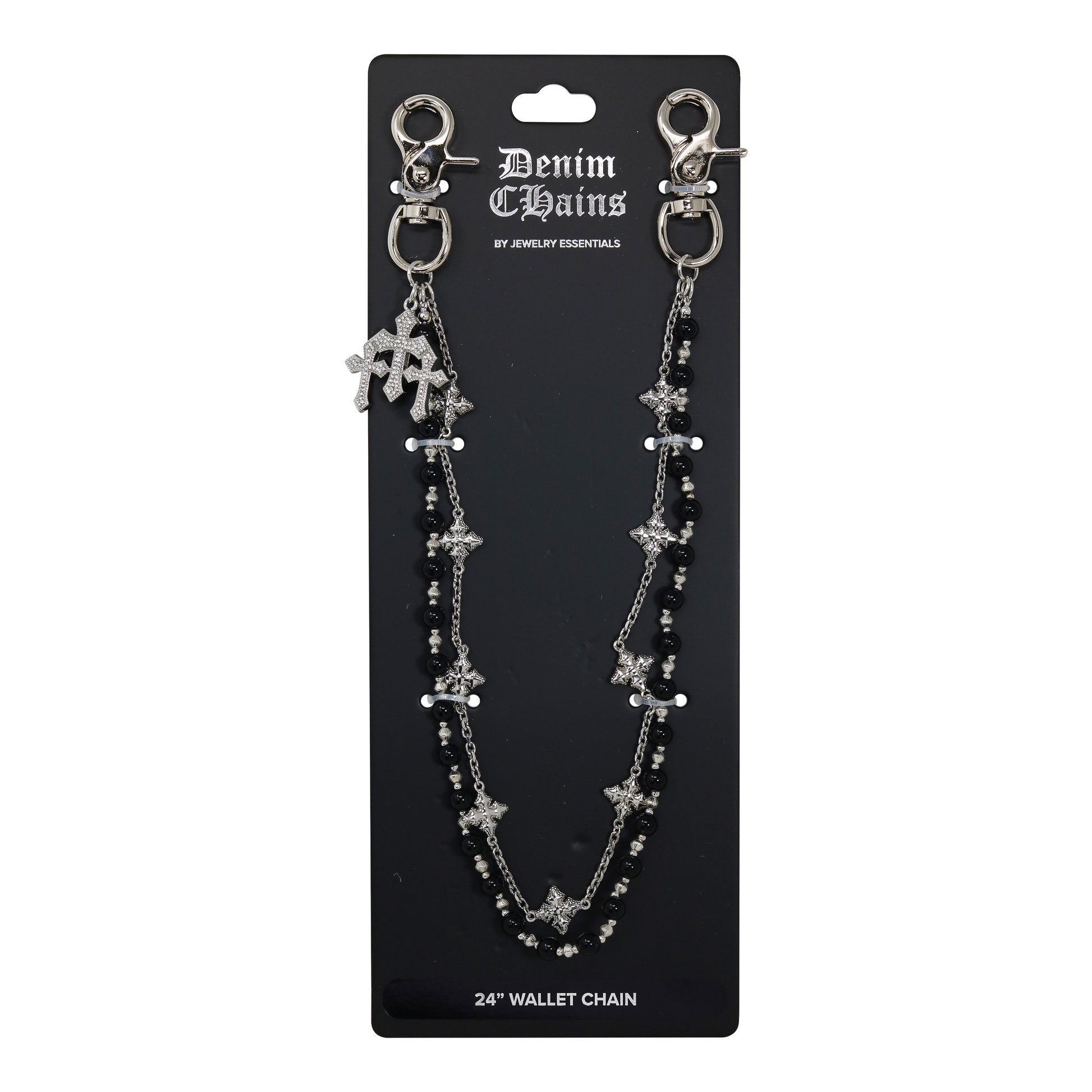 Denim Chains wallet chain on a black card with brand name.