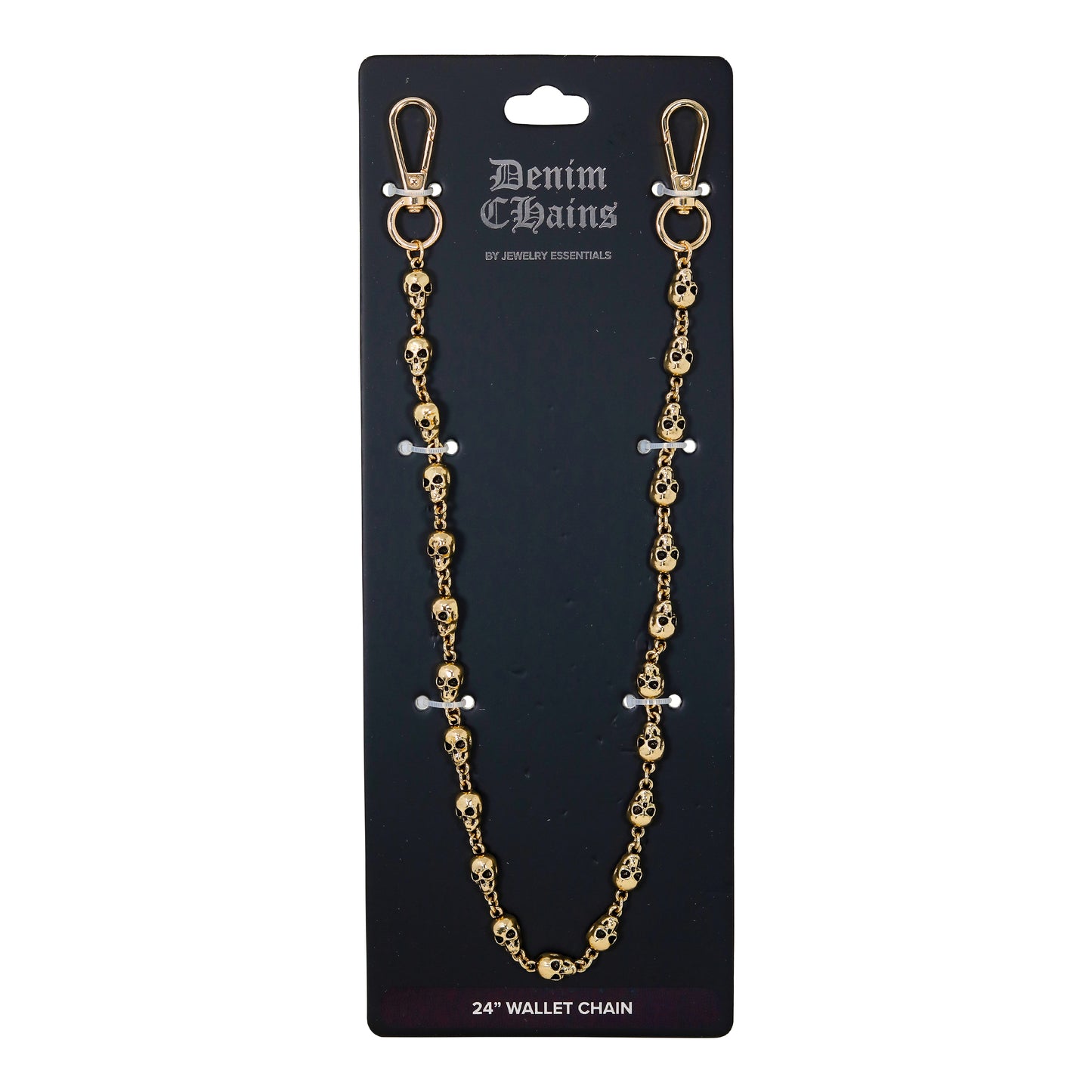 Gold wallet chain on a black card with 'Denim Chains' branding.