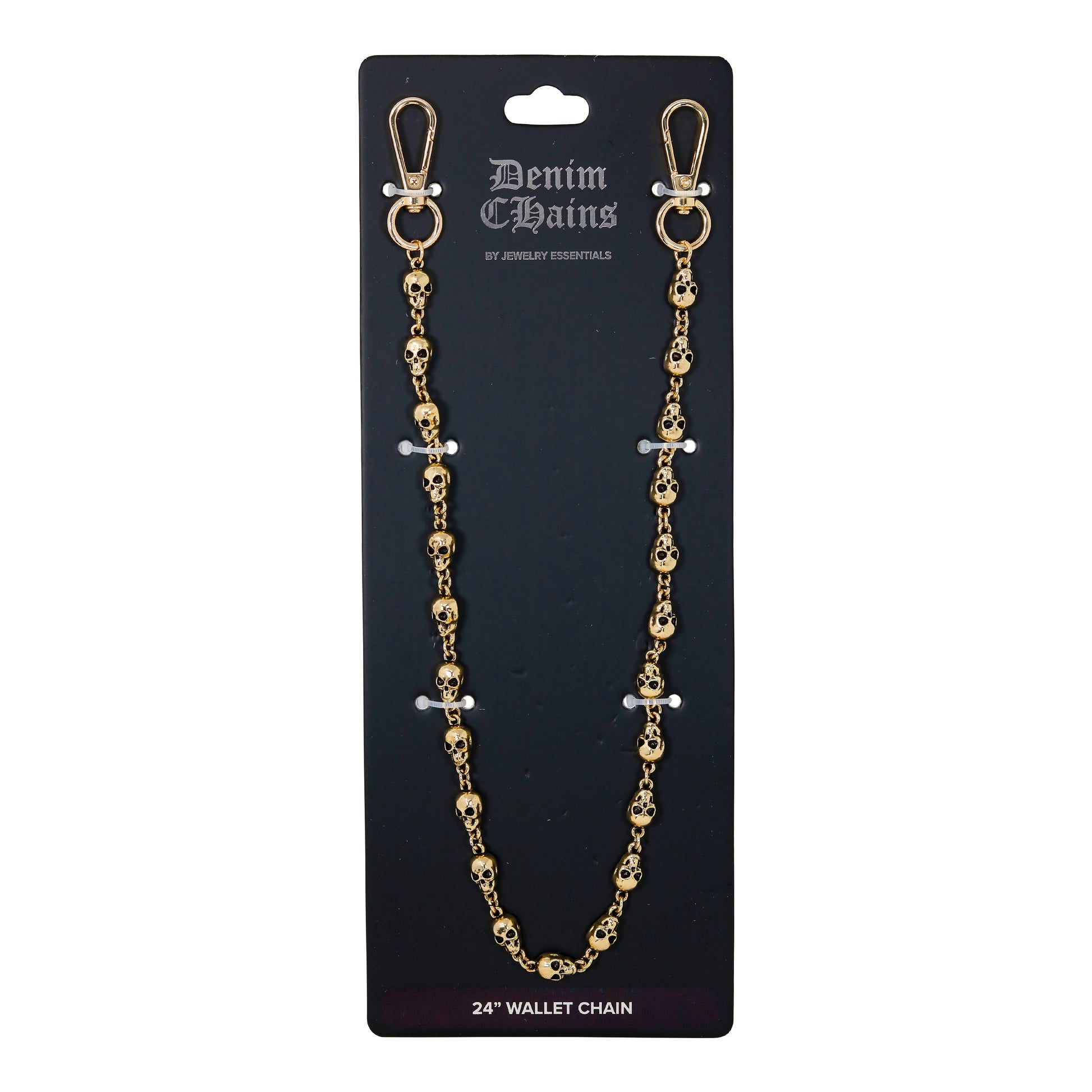 Gold wallet chain on a black card with 'Denim Chains' branding.