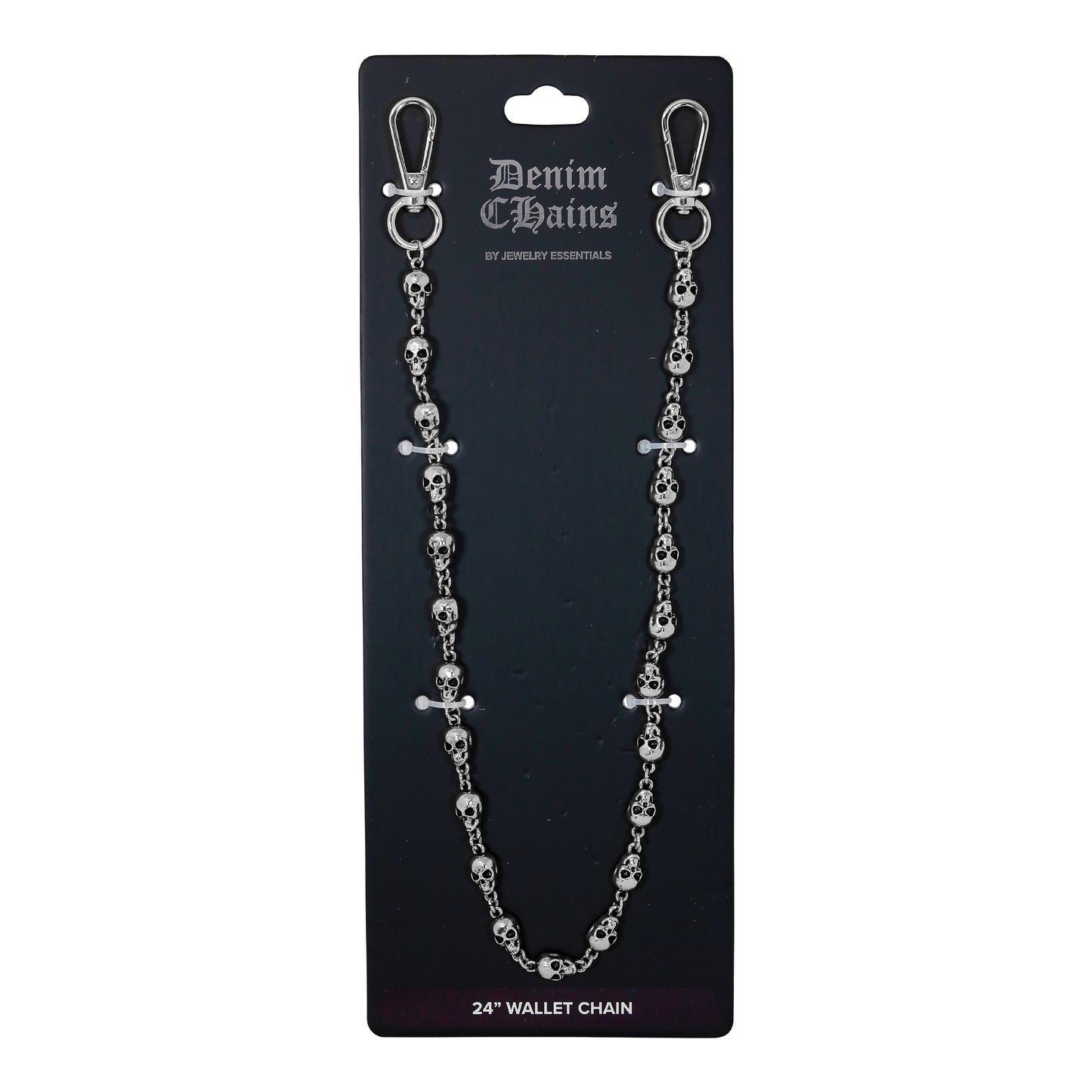 Silver chain wallet chain on a black card with 'Denim Chains' branding.