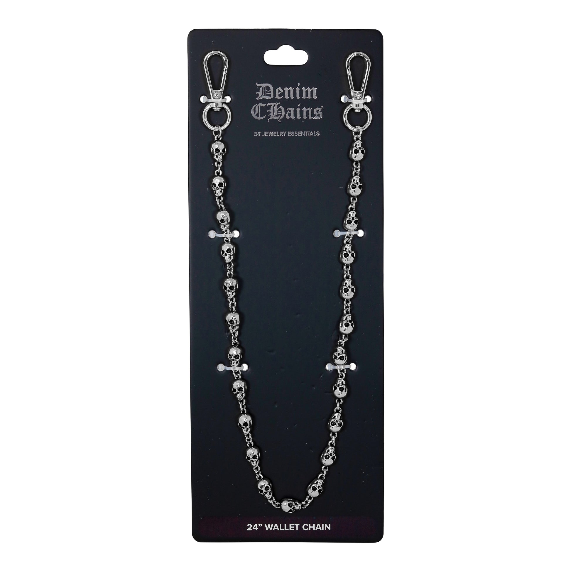Silver chain wallet chain on a black card with 'Denim Chains' branding.