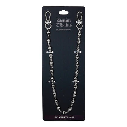 Silver chain wallet chain on a black card with 'Denim Chains' branding.