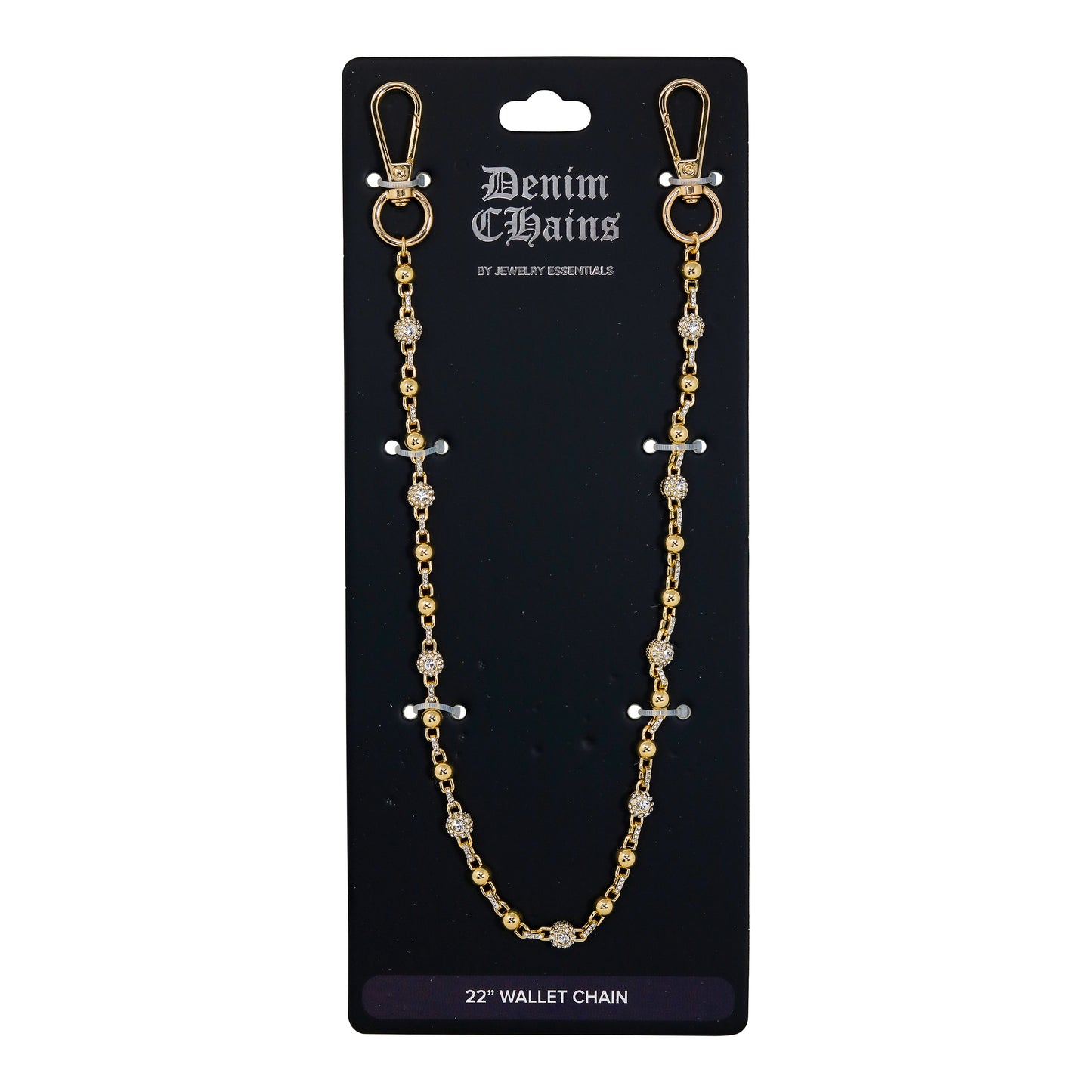 Gold chain wallet strap on a black Denim Chains branded card