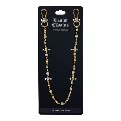 Gold chain wallet strap on a black Denim Chains branded card