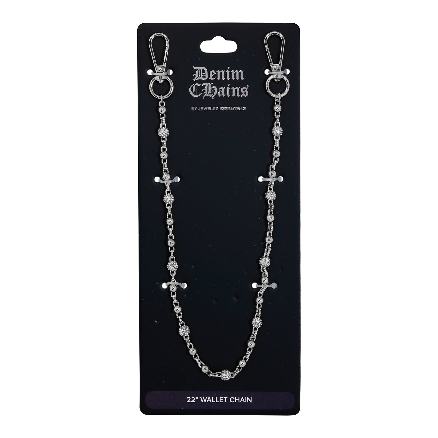 Silver chain wallet chain on a black card with 'Denim Chains' branding.