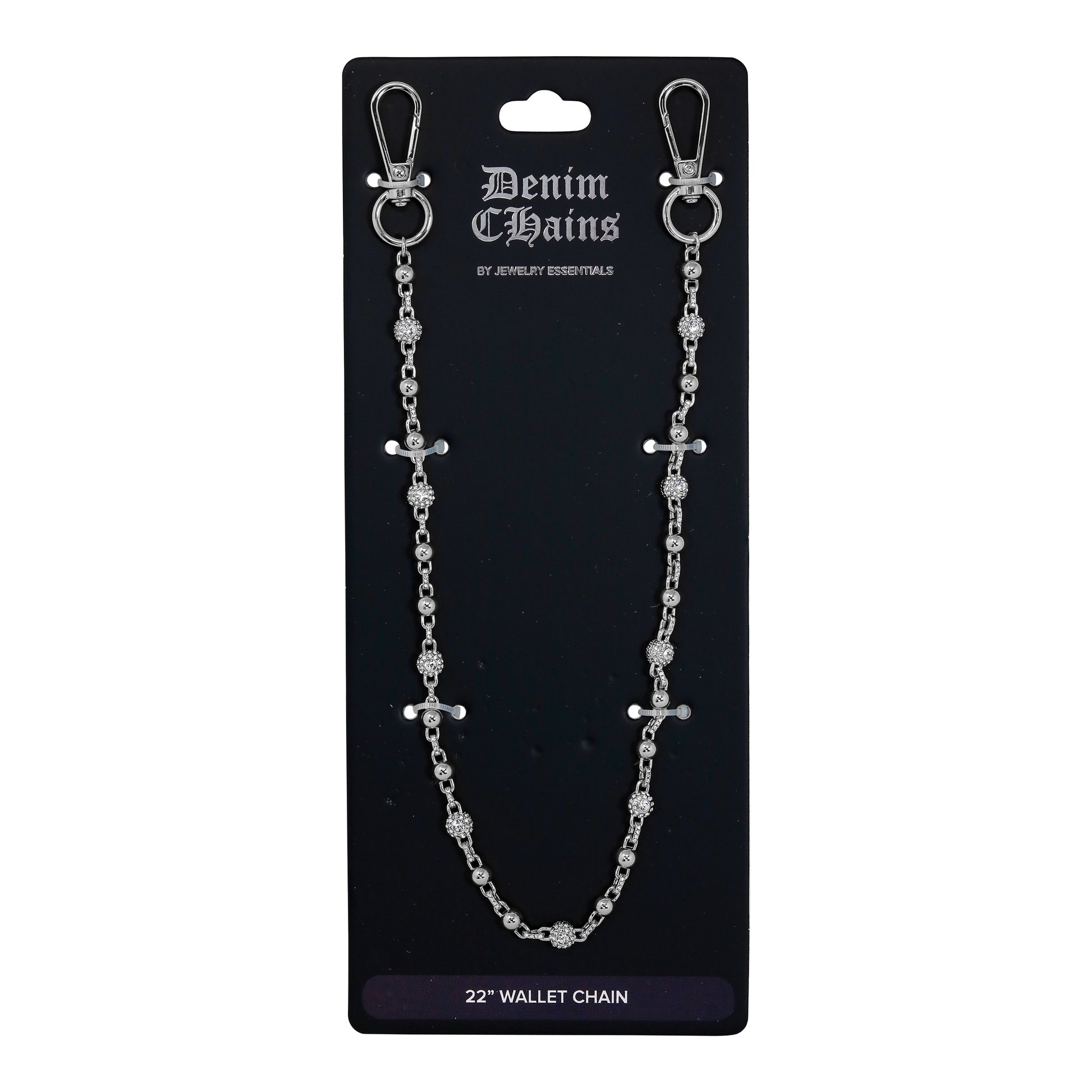Silver chain wallet chain on a black card with 'Denim Chains' branding.