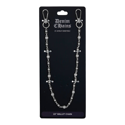 Silver chain wallet chain on a black card with 'Denim Chains' branding.