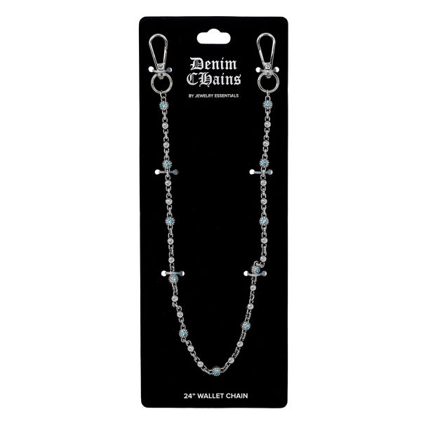 Denim Chains wallet chain on a black card with brand name.