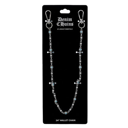 Denim Chains wallet chain on a black card with brand name.