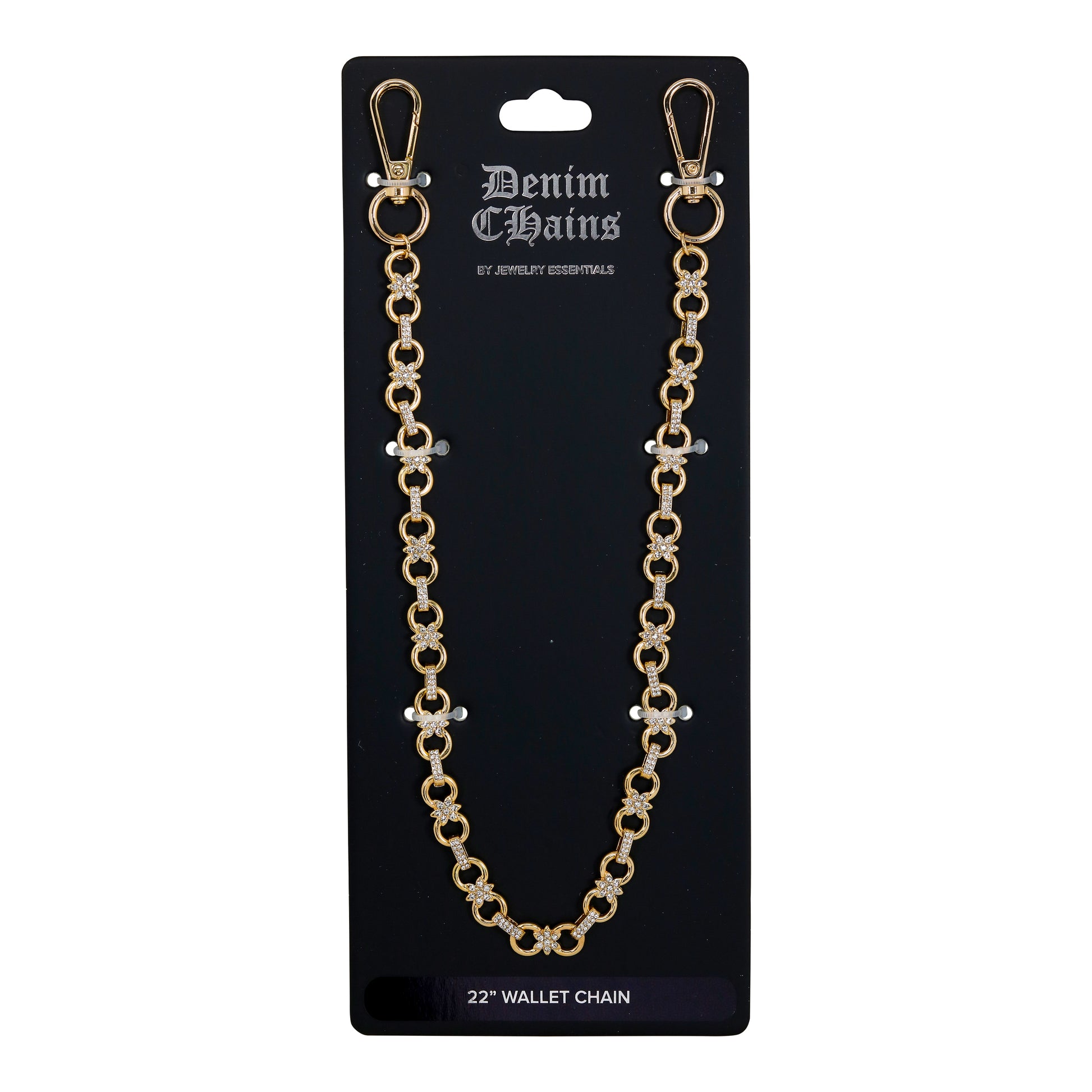 Gold chain wallet strap on a black card with 'Denim Chains' branding.