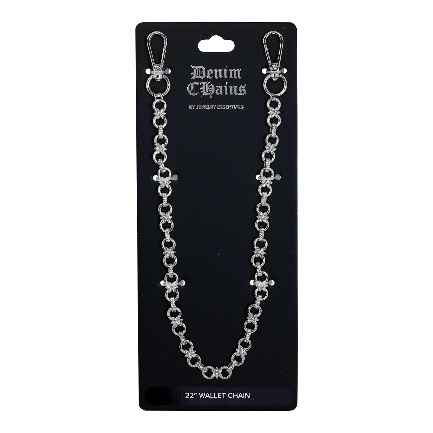 Denim Chains wallet chain on a black card with brand name.