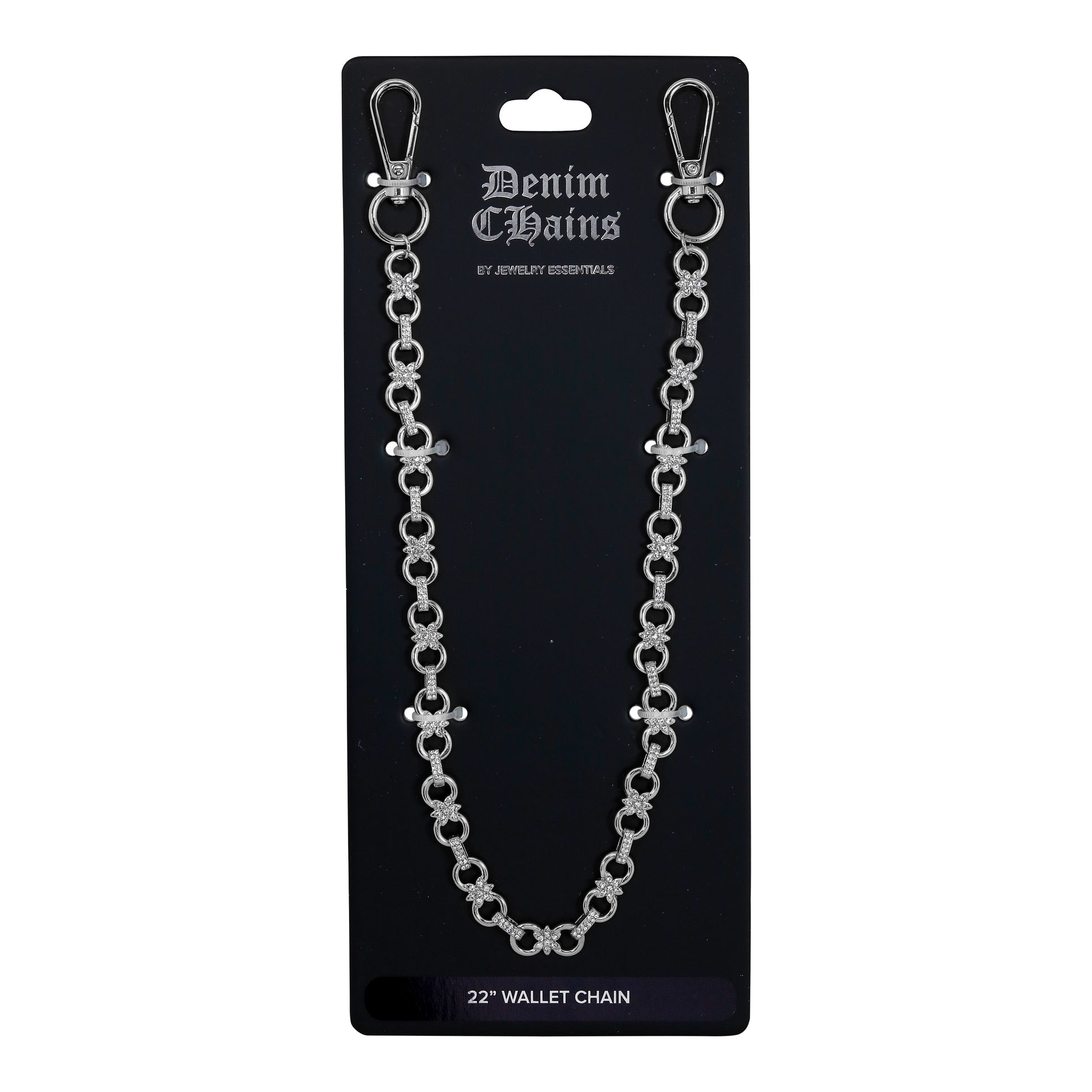 Denim Chains wallet chain on a black card with brand name.