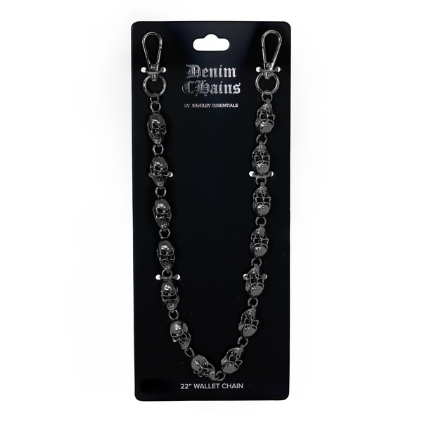 Black wallet chain with skull design on a black card with 'Denim Chains' branding.