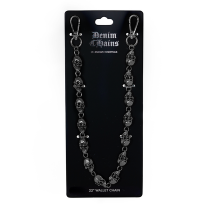 Black wallet chain with skull design on a black card with 'Denim Chains' branding.
