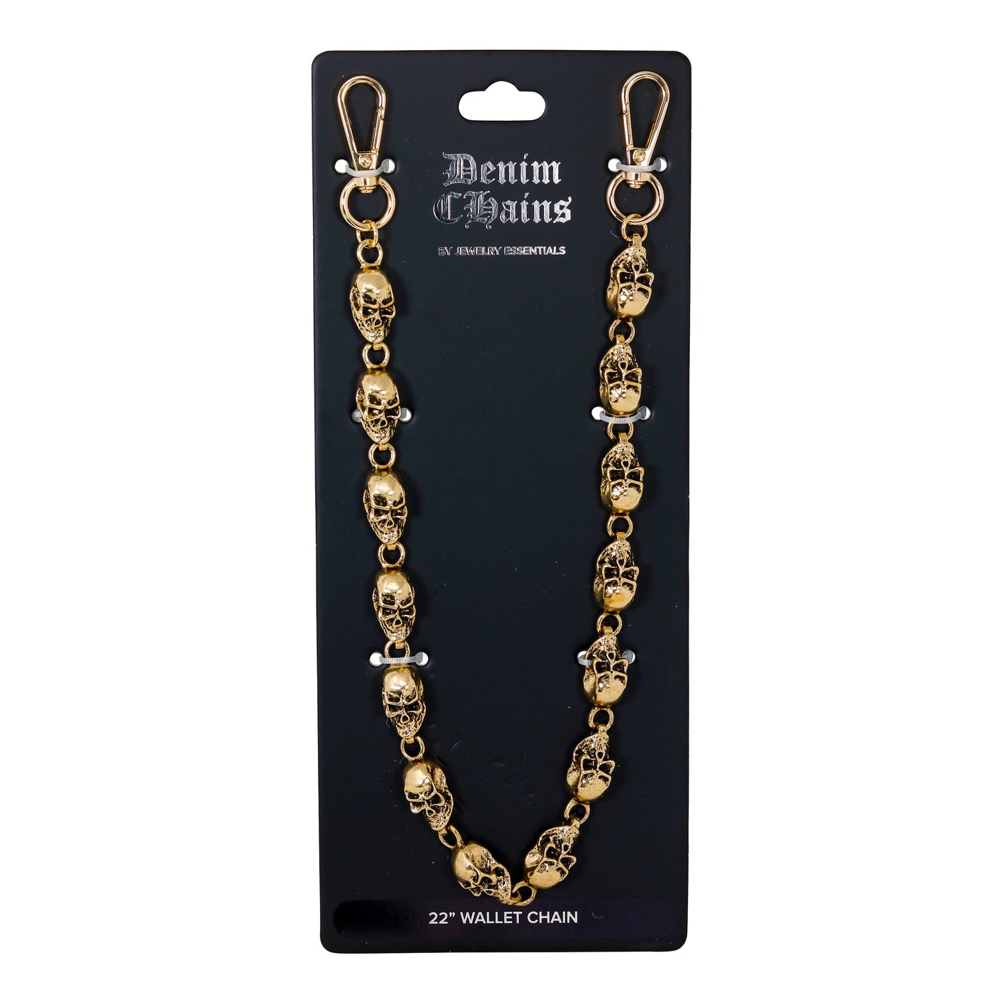 Gold skull chain wallet chain on a black card with 'Denim Chains' branding.