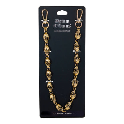 Gold skull chain wallet chain on a black card with 'Denim Chains' branding.