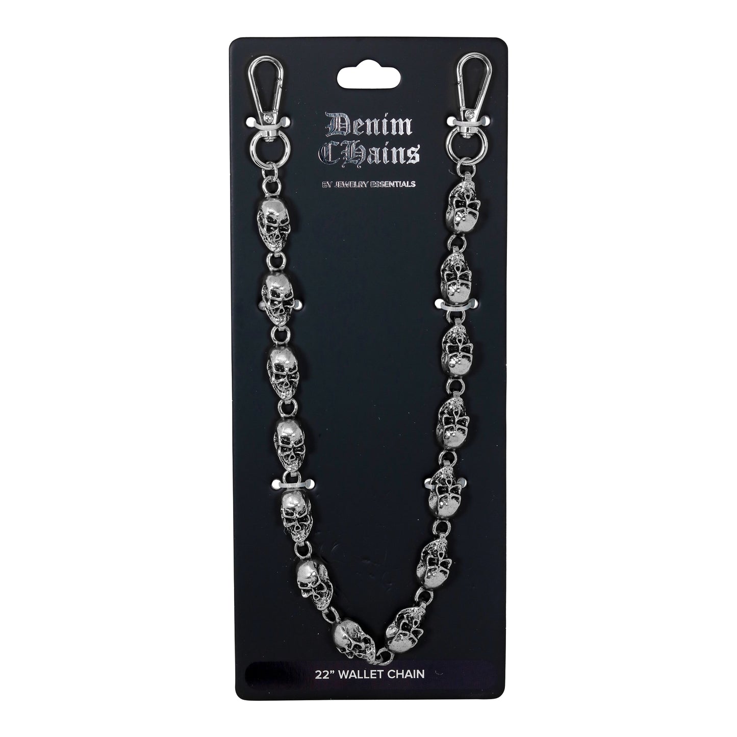 Skull-themed wallet chain on a black card with 'Denim Chains' branding.