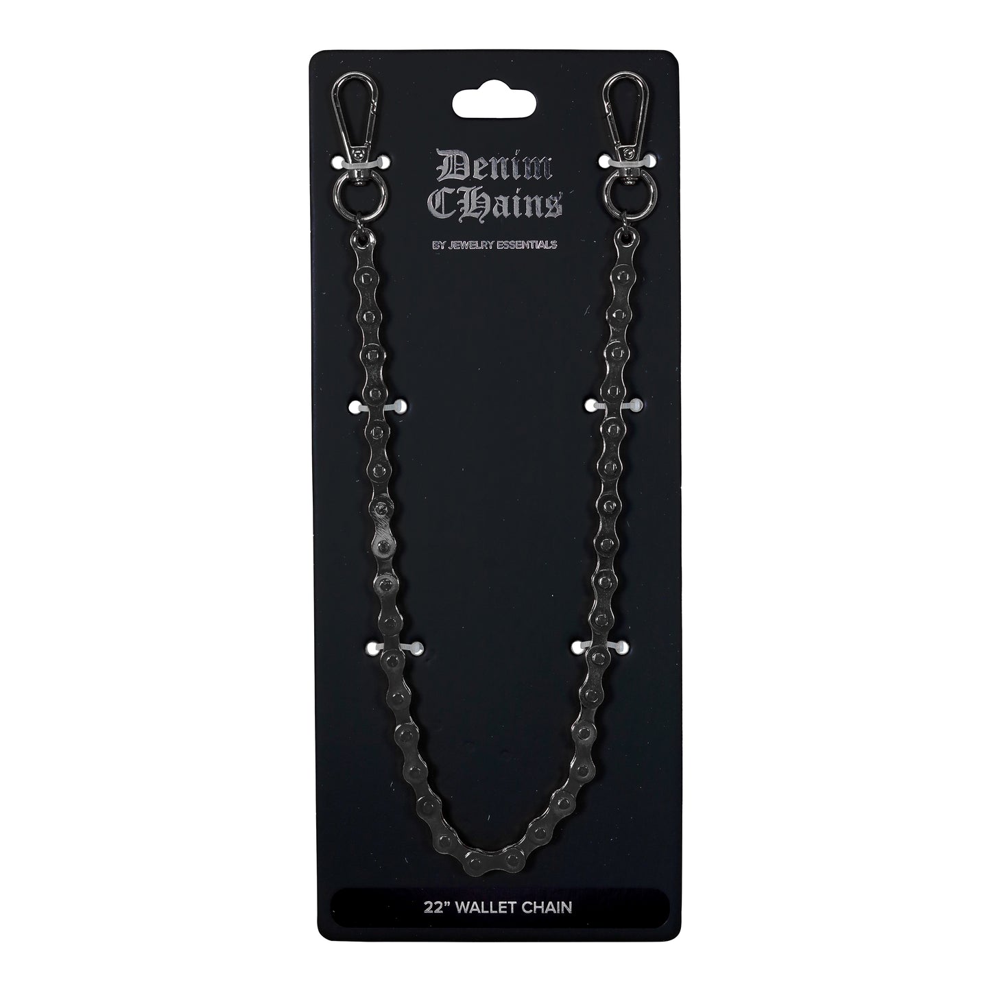 Black denim chain wallet chain on a black card with 'Denim Chains' branding.