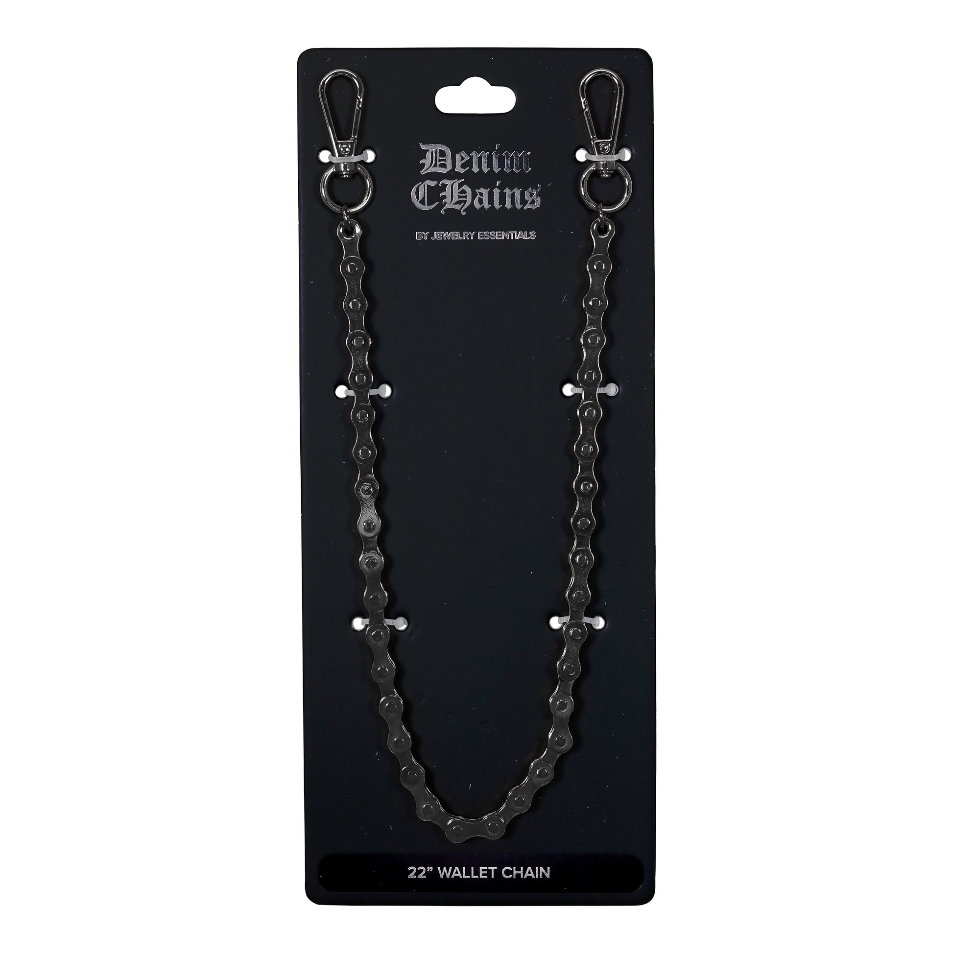 Black denim chain wallet chain on a black card with 'Denim Chains' branding.