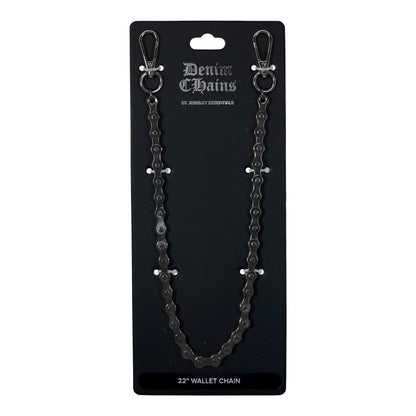 Black denim chain wallet chain on a black card with 'Denim Chains' branding.