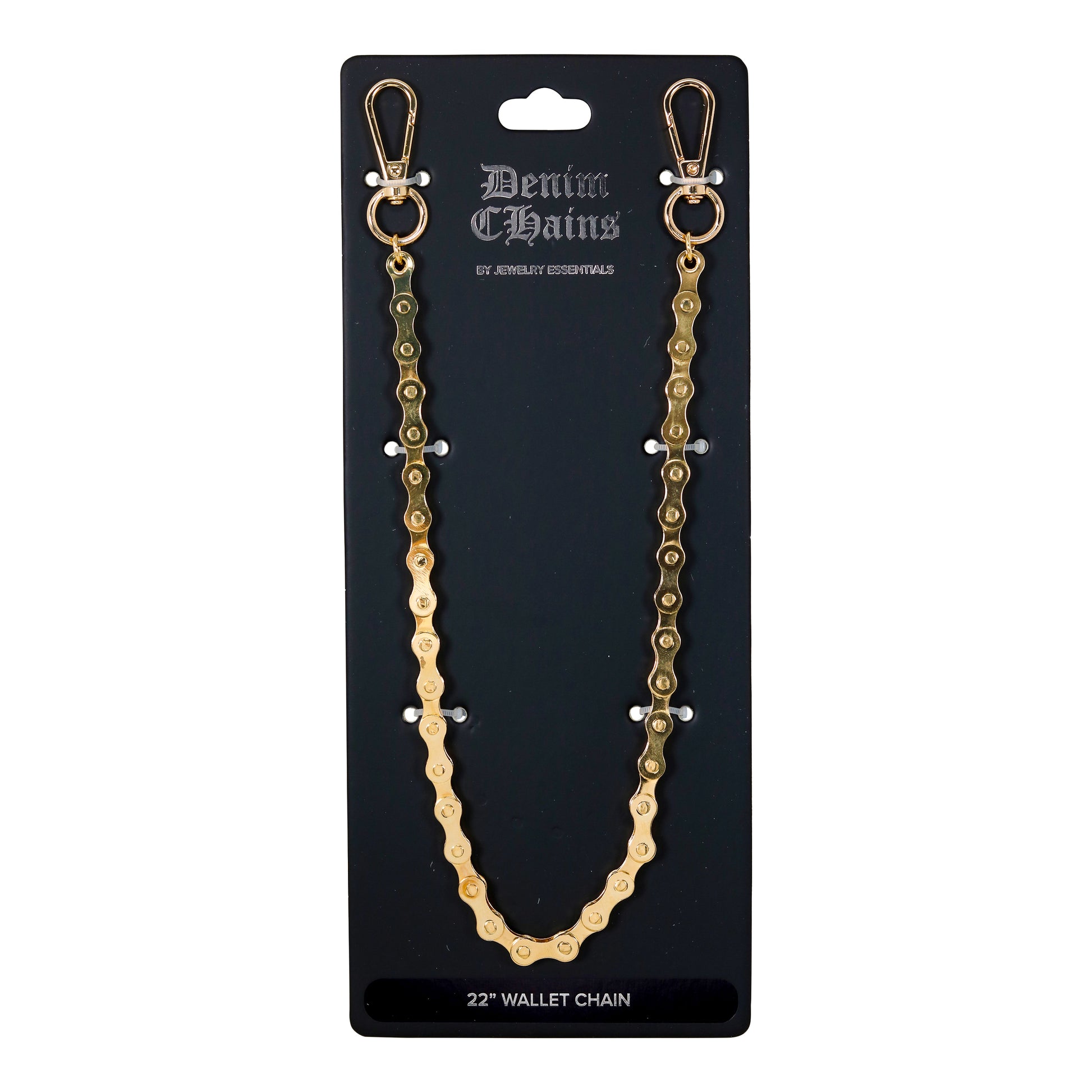 Gold wallet chain on a black card with 'Denim Chains' branding.