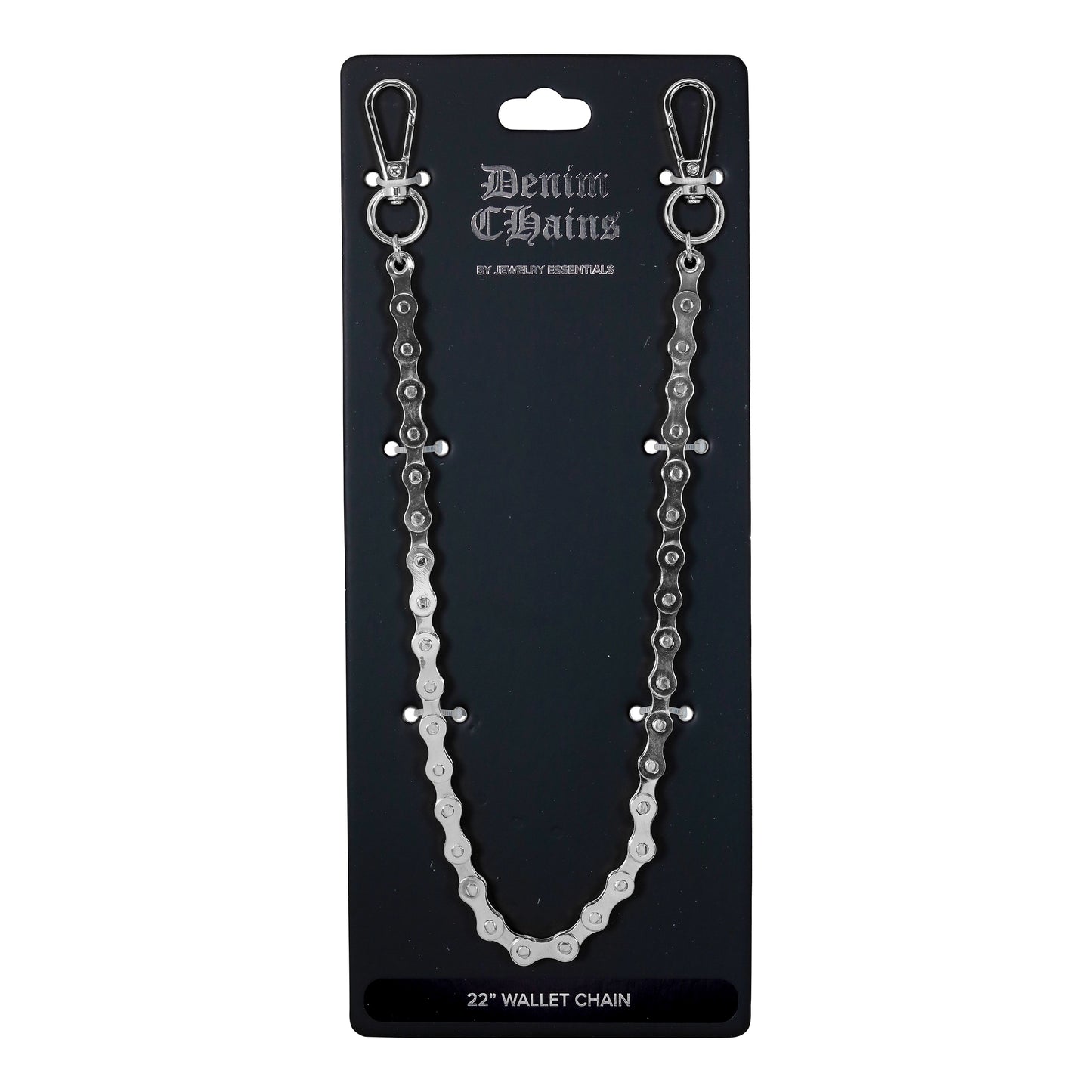 Silver wallet chain on a black card with 'Denim Chains' branding.